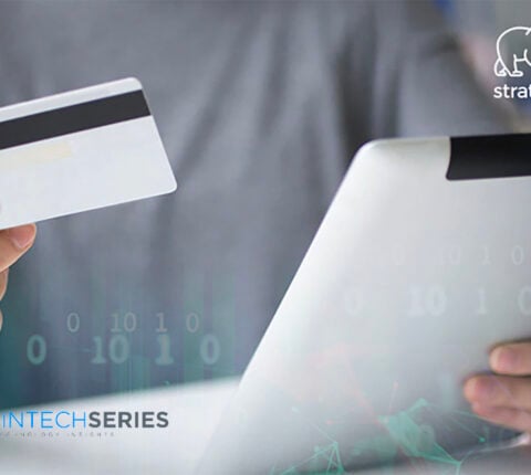 Global Fintech and Stratodesk Logo with a Credit Card image in the background